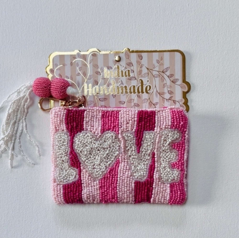 💕▪️Made In India ▪️Handmade Pink 'LOVE' Beaded Coin Wallet with Tassel Keyring